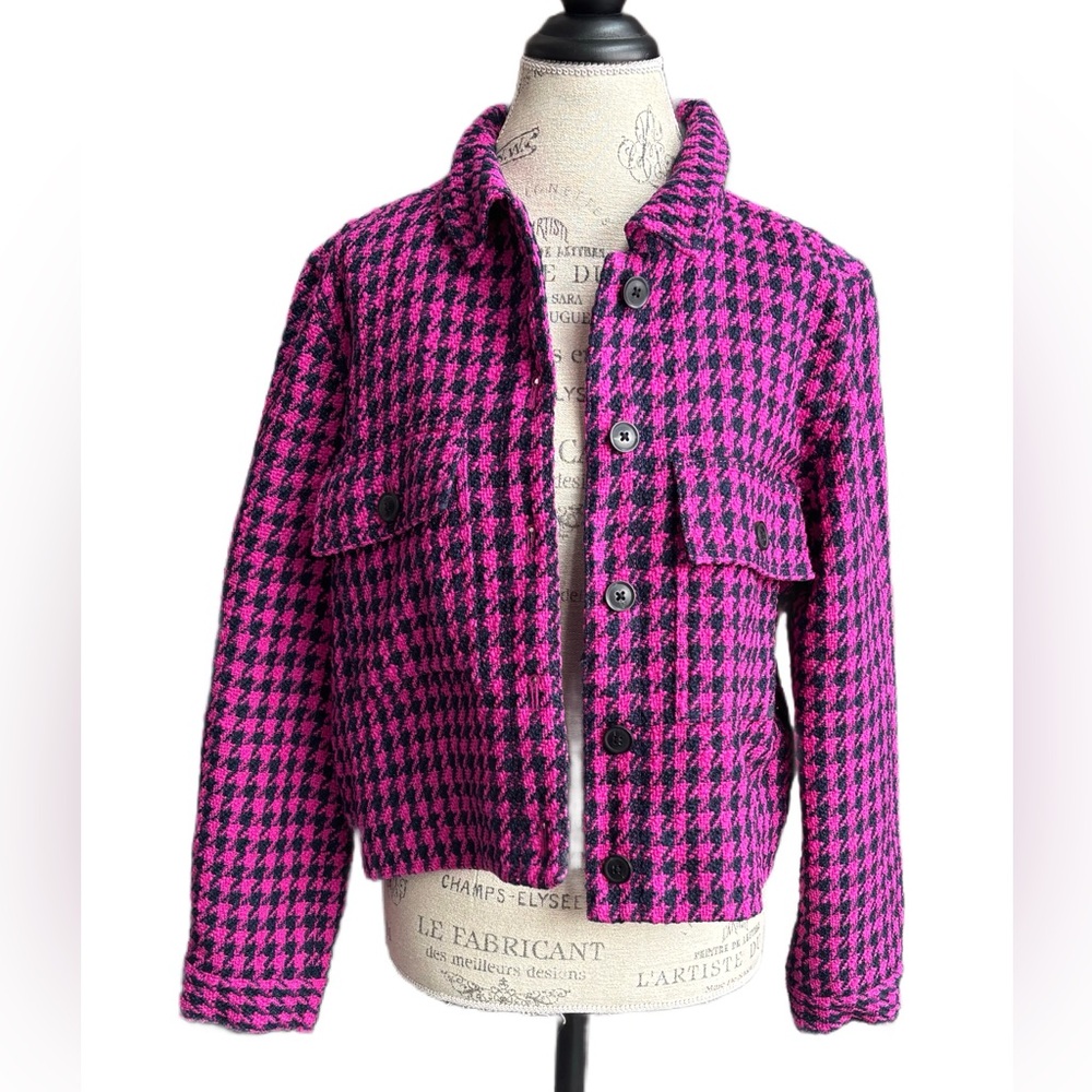 Loft Textured Houndstooth Cropped Jacket Large Pink Navy - Picture 4 of 13